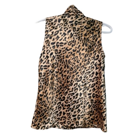 Kasper Cheetah Animal Print Tie Neck Scarf Gold Black Satin Sleeveless Blouse S - Picture 11 of 13